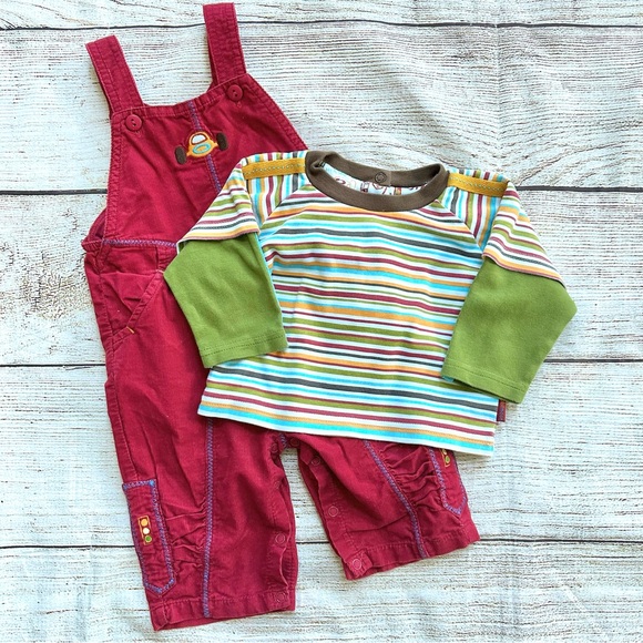 Rabbit Moon Maroon Race Car Overalls Yellow Green Striped Top Boy’s 6-9M - Picture 2 of 5